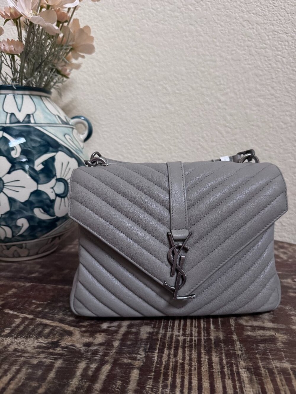 YSL Saint Laurent Medium College Grey Chevron Shoulder Bag